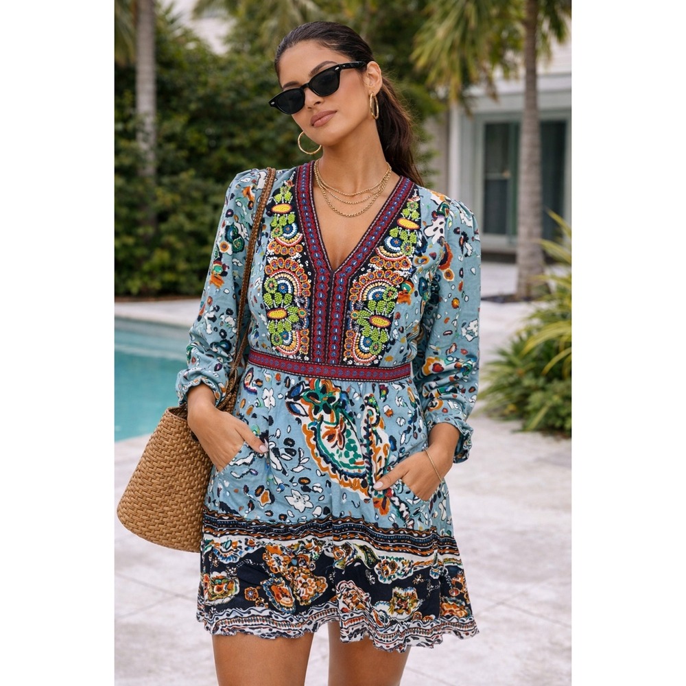 Akemi + Kin Anthropologie Blue Paisley Beaded Embroidered Mini Dress Size 8
